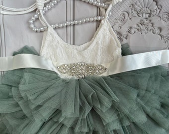 Green Flower Girl Dress, sage tulle Toddler Tutu Gown, Wedding, Birthday