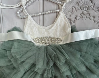 Sage green Flower girl dress,  Lace top,Baby  toddler dress,tulle tutu flower girl dress, holiday dress