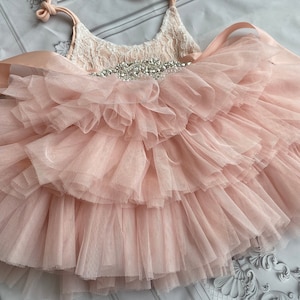 Pink/ peach blush  Flower girl dress,  Lace top,Baby  toddler dress,tulle tutu flower girl dress, holiday dress