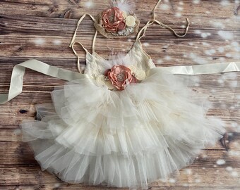 Ivoorkleurige kanten bloemenmeisjesjurk: tule tutu, verjaardagsfeestje baby