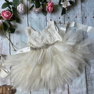 Ivory lace dress flower girl dress, cake smash baby dress baby toddler dress, tulle tutu flower girl dress, holiday dress