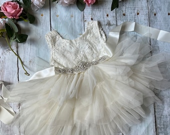Ivory Lace Flower Girl Dress: Tulle Tutu, Rhinestone Sash