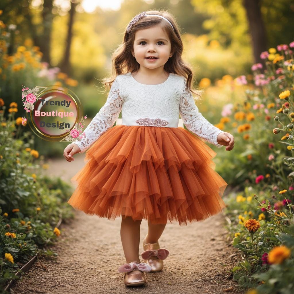 Robe Fille Loitekids Taille 8-9 Ans - Orange à Pois Noirs - Manches Longues - Occasion Très Bon état