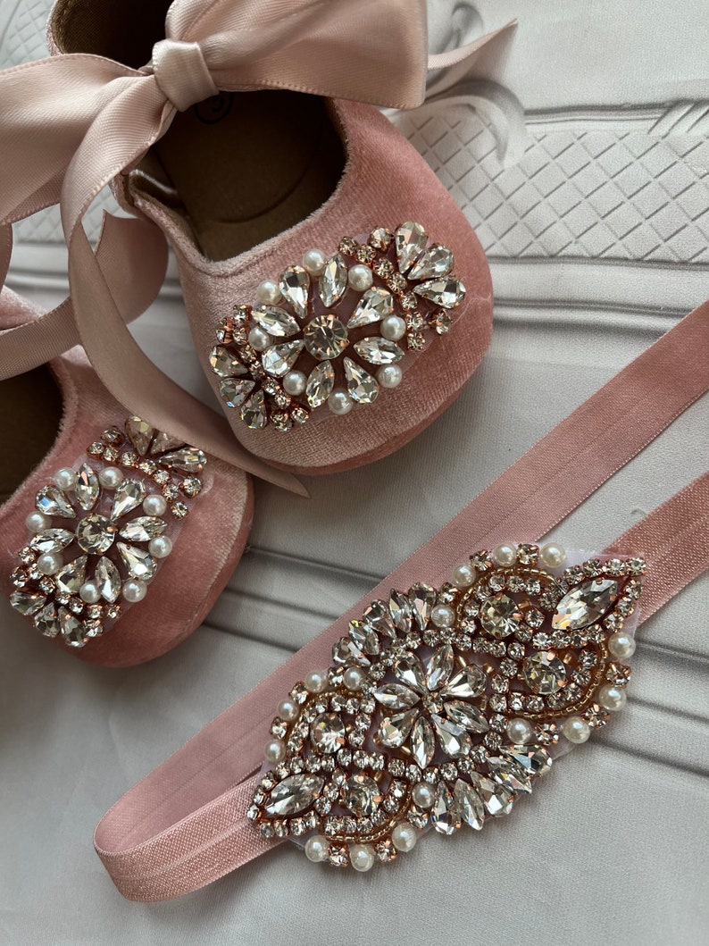 Dusty Pink Baby Girl Rose Gold Rhinestones Shoes Setgirl Etsy