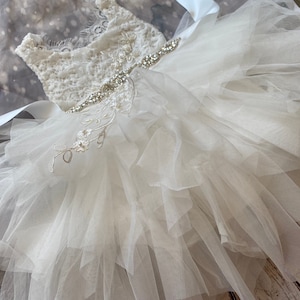 White Lace Flower Girl Dress: Tulle Tutu, Rhinestone Sash