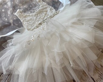 White Lace Flower Girl Dress: Tulle Tutu, Rhinestone Sash