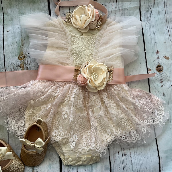 Romantic Ruffle baby Romper - Tutu Baby Dress Baby Girl Rompers Baby Lace Outfit New Baby Gift - Birthday outfit, photo prop baby outfit