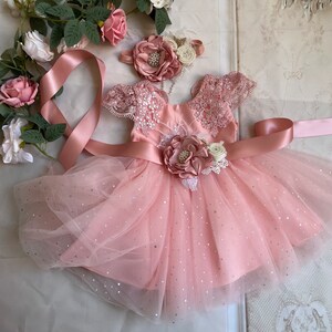 Vestido coral, vestido de aniversário de 1 ano, vestido de florista, vestido de tutu de tule, vestido de bebê,