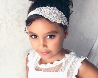 Rhinestone Baby Girl Headband, Bridal Communion Flower Girl Hair Accessory, White Elastic Sparkle