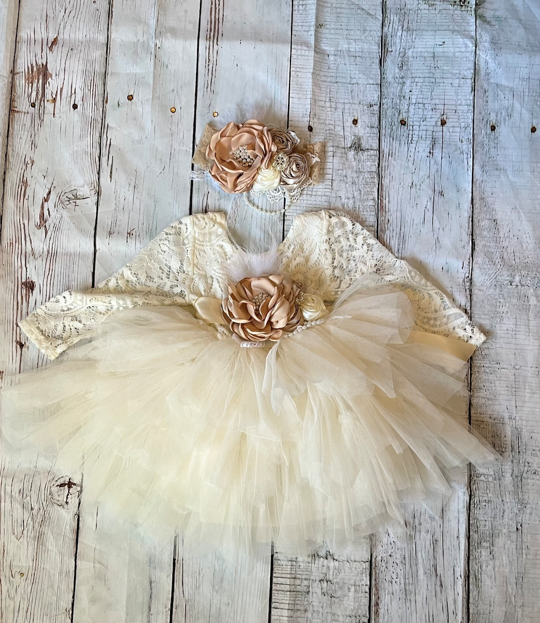 Ivory Lace Flower Girl Dress, Tulle Tutu, Sash and Headband - Etsy