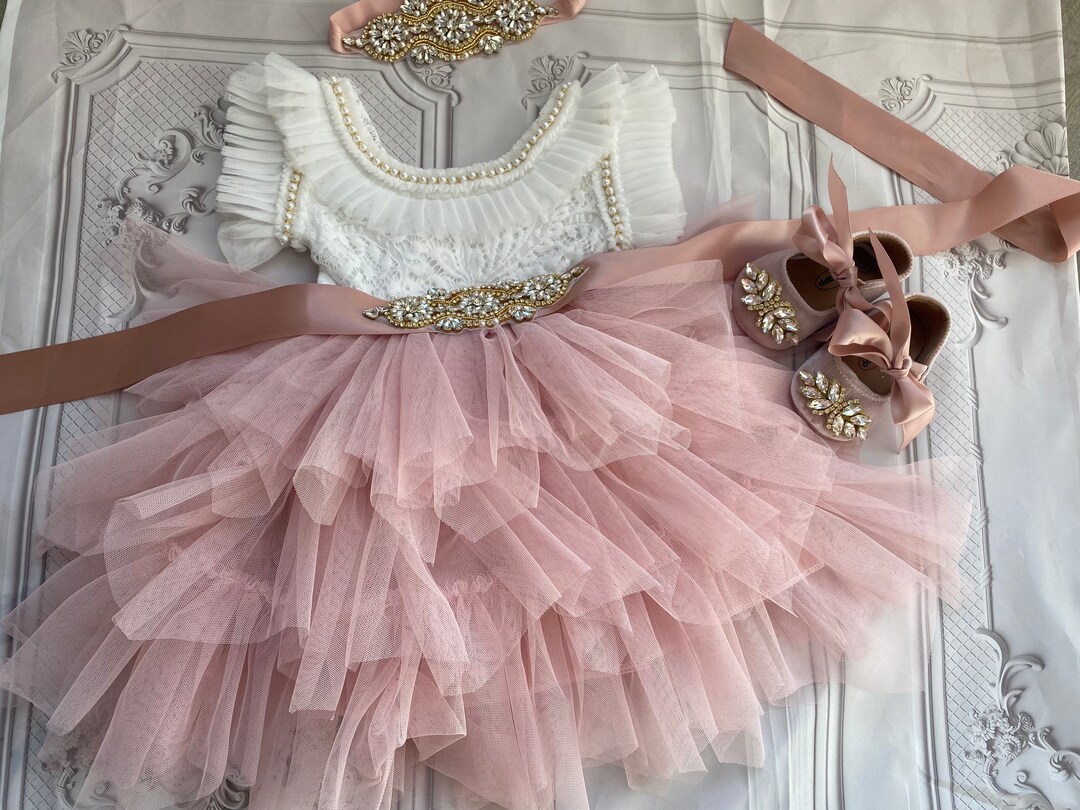 Vestido de niña de las flores con top de encaje blanco y falda rosa  ruborizada/Vestido para bebé niña, vestido de niña de las flores con tutú  de