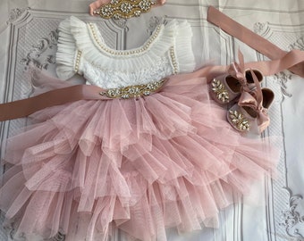 Flower girl dress with white lace top and pink blush skirt/ Baby toddler dress, tulle tutu flower girl dress/ Holiday dress