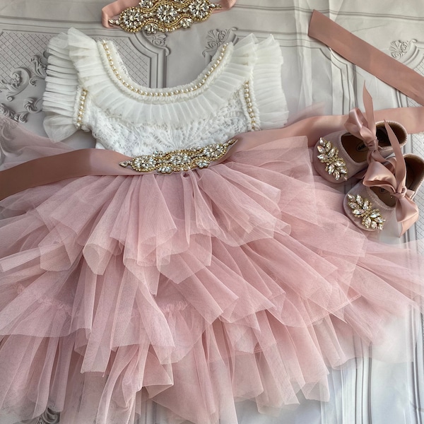 Flower girl dress with white lace top and pink blush skirt/ Baby toddler dress, tulle tutu flower girl dress/ Holiday dress