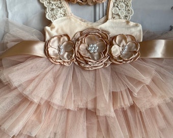 Champagne -tan flower  girl dress, 1st birthday dress, Lace top,Baby  toddler dress,tulle tutu flower girl dress, holiday dress