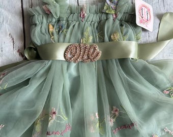 Sage Green 1st Birthday Dress: Floral Embroidered Tutu, Cake Smash Outfit (12-18 Months)