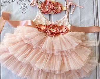 Blush Flower girl dress, birthday party dress, ,Baby toddler dress, tulle tutu flower girl dress, mauve flower sash dress