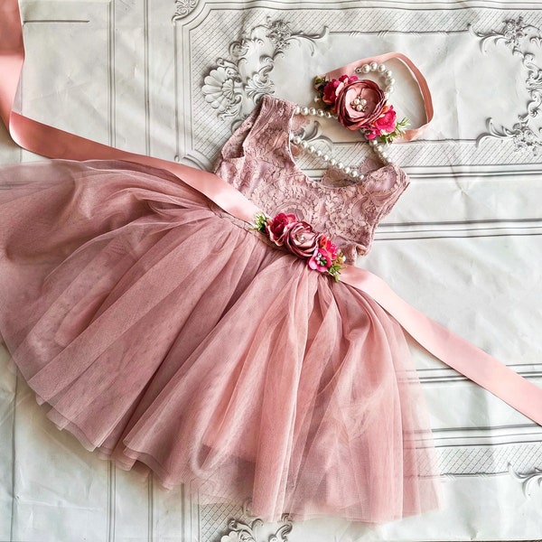 Dark dusty pink flower girl dress,  Lace top,Baby  toddler dress,tulle tutu flower girl dress, holiday dress