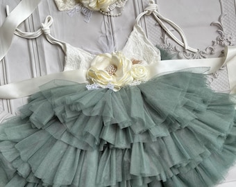 Sage Green Tulle Flower Girl Dress: Lace Top Birthday Outfit