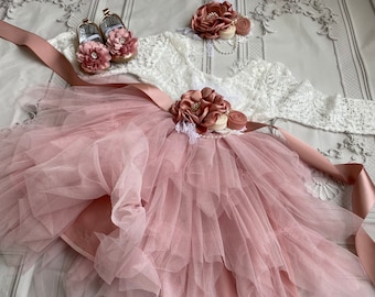 dusty pink Flower girl dress,  long sleeves Lace top,Baby  toddler dress,tulle tutu flower girl dress, 1ers Birthday dress