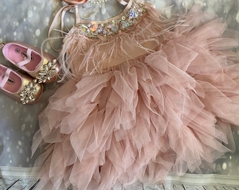 1er birthday. Dress, Mauve /pink flower girl dress,  Feathers top,Baby  toddler dress, flower girls dresses