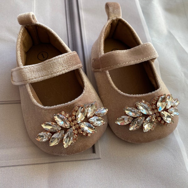 Tan-Champagne baby girl shoes,crib shoes,1er birthday  party wedding, baby shoes rhinestones shoes  baby girl girl gift.