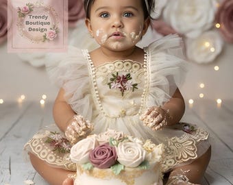 Pelele de encaje floral color crema marfil, ideal para el primer cumpleaños, sesión de fotos con pastel o como regalo para baby shower.