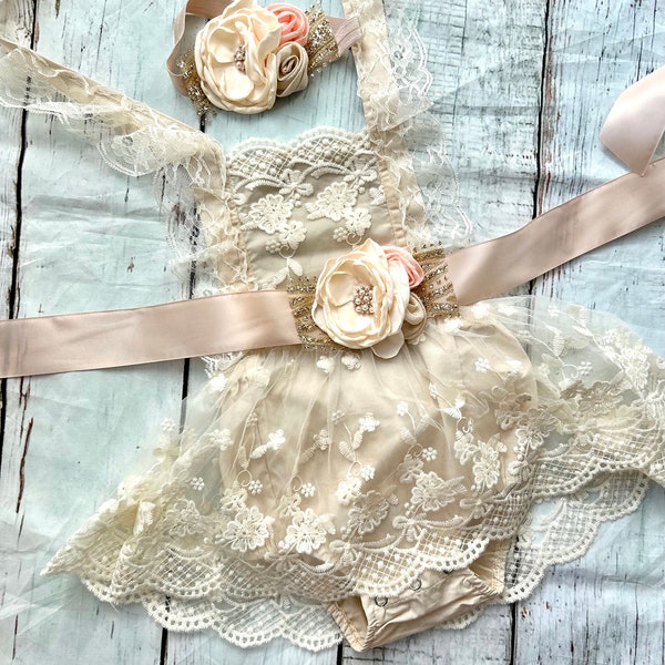 Vintage Ruffle Romper Tutu Baby Dress Baby Girl Rompers Baby Lace Outfit New Baby Gift - Boho Birthday outfit, photo prop baby outfit
