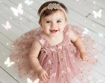 Robe d'anniversaire en tulle rose poudré pour le 1er anniversaire, tenue pour la séance photo « Smash the Cake » avec bandeau et écharpe.