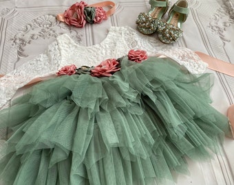 Sage green  flower girl dress,  Lace tulle dress , 1er Birthday dress,  toddler dress,tulle tutu flower girl dress,flower belt  sash
