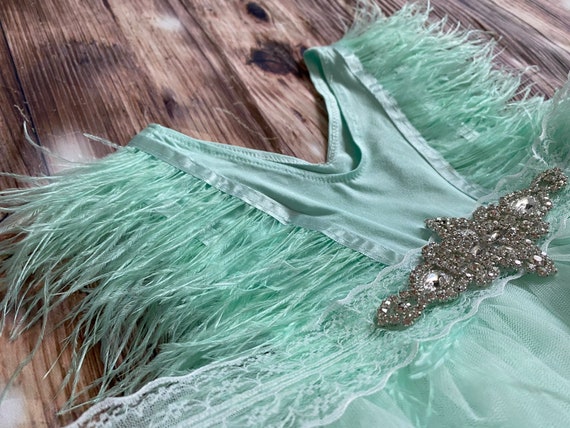 Light Green Tulle Flower Girl Dress: Feather Detail, Rhinestone Sash