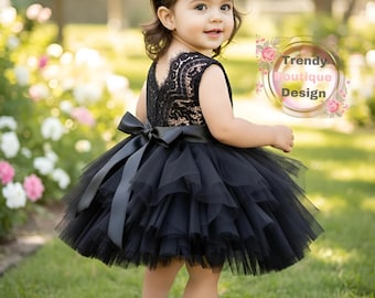 Black Lace Flower Girl Dress: Tulle Tutu, Rhinestone Sash