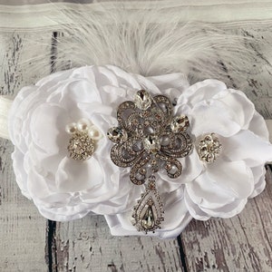 Baptism headband Baby Girl White headband , Satin Rosettes newborn infants rhinestones headbands. image 7