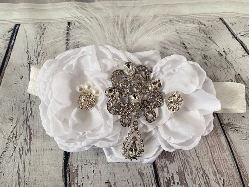 Baptism headband Baby Girl White headband , Satin Rosettes newborn infants rhinestones headbands. image 7