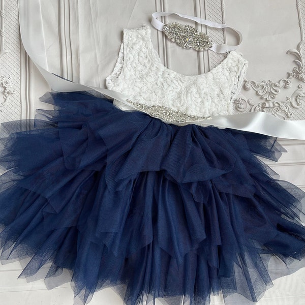 White -navy flower girl dress,  Lace top,Baby  toddler dress,tulle tutu flower girl dress, holiday dress