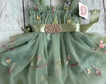 Soft Tulle Dress, Sage Green Floral Embroidery With Rhinestone Sash