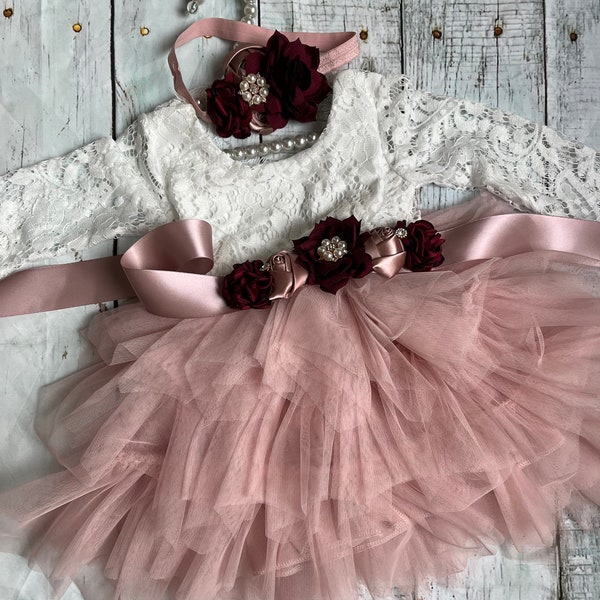 blush pink Flower girl dress,Lace top,Baby toddler dress,tulle tutu burgundy sash,1ers Birthday dress
