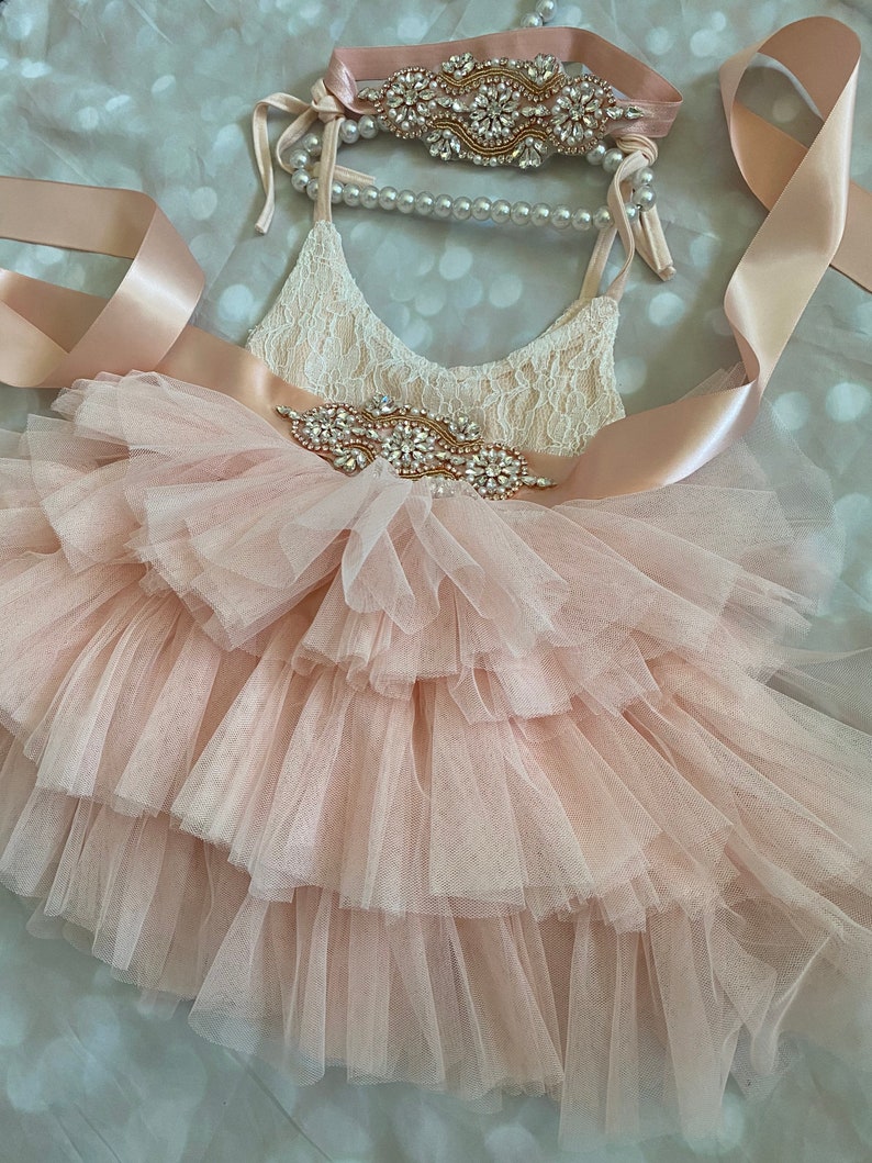 Pink/ peach blush Flower girl dress, Lace top,Baby toddler dress,tulle tutu flower girl dress, holiday dress image 2