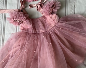 Dusty, pink Mauve  flower girl dress, first birthday outfit, cake smash pictures ,  toddler dress,tulle girl wedding dress