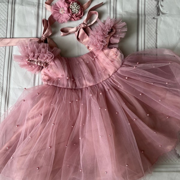 Dusty, pink Mauve  flower girl dress, first birthday outfit, cake smash pictures ,  toddler dress,tulle girl wedding dress