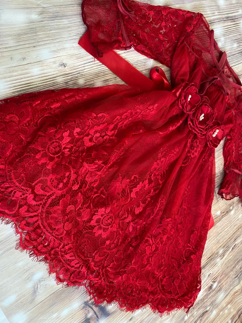 Red & Ivory Strapless A-Line Flower Girl Dress with 3D Floral Lace main image 1