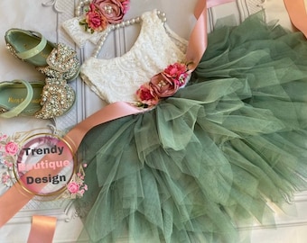 Sage green flower girl dress,  Lace tulle dress , 1er Birthday dress,  toddler dress,tulle tutu flower girl dress,flower belt  sash