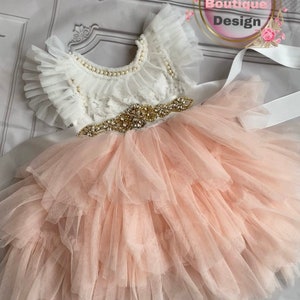 Peach Blush Tulle Flower Girl Dress: White Lace Top, Rhinestone Sash