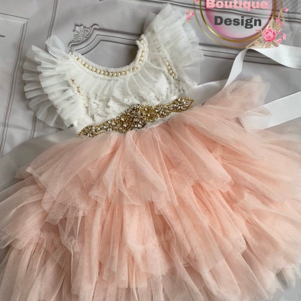 Flower girl dress,  peach blush , white Lace top, tan skirt Baby  toddler dress,tulle tutu flower girl dress, holiday dress