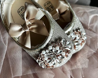 Zapatos de bebé, pedrería dorada, botines de cuna de suela suave, primer cumpleaños