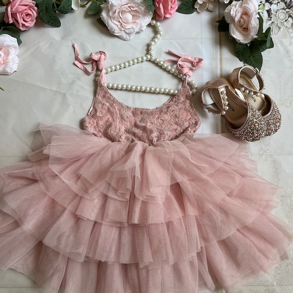 Blush Flower girl dress, birthday party dress, ,Baby toddler dress, tulle tutu flower girl dress, mauve flower sash dress