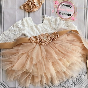 Lace Top Champagne Tulle Flower Girl Dress: Baby Toddler 1st Birthday