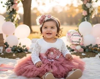 Dusty Pink Flower Girl Dress: Lace Top Tulle Tutu, Long Sleeves