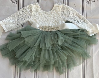 Flower girl dress, Lace top,Baby toddler dress,sage tulle tutu  dress, holiday dress