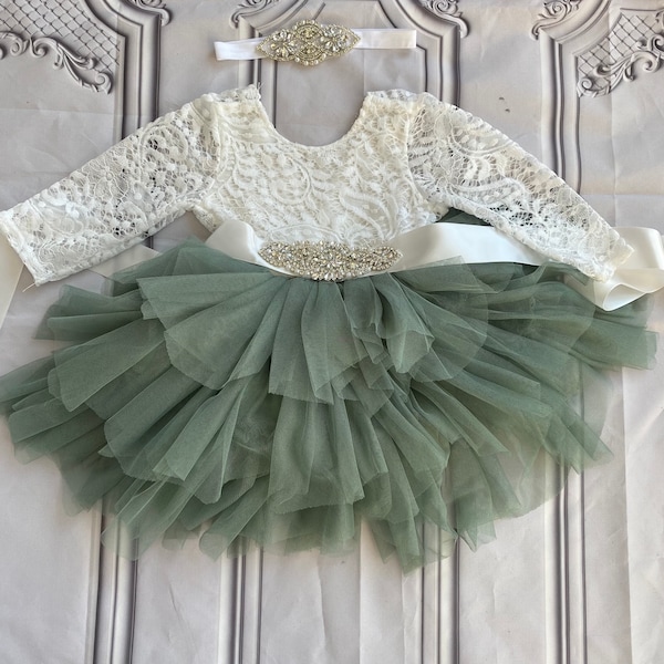 Flower girl dress, Lace top,Baby toddler dress,sage tulle tutu  dress, holiday dress