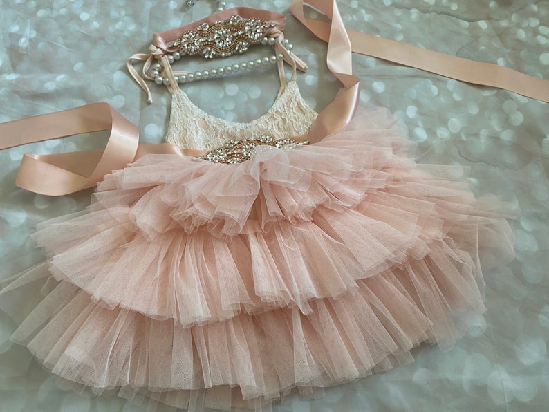 Pink/ peach blush Flower girl dress, Lace top,Baby toddler dress,tulle tutu flower girl dress, holiday dress image 6